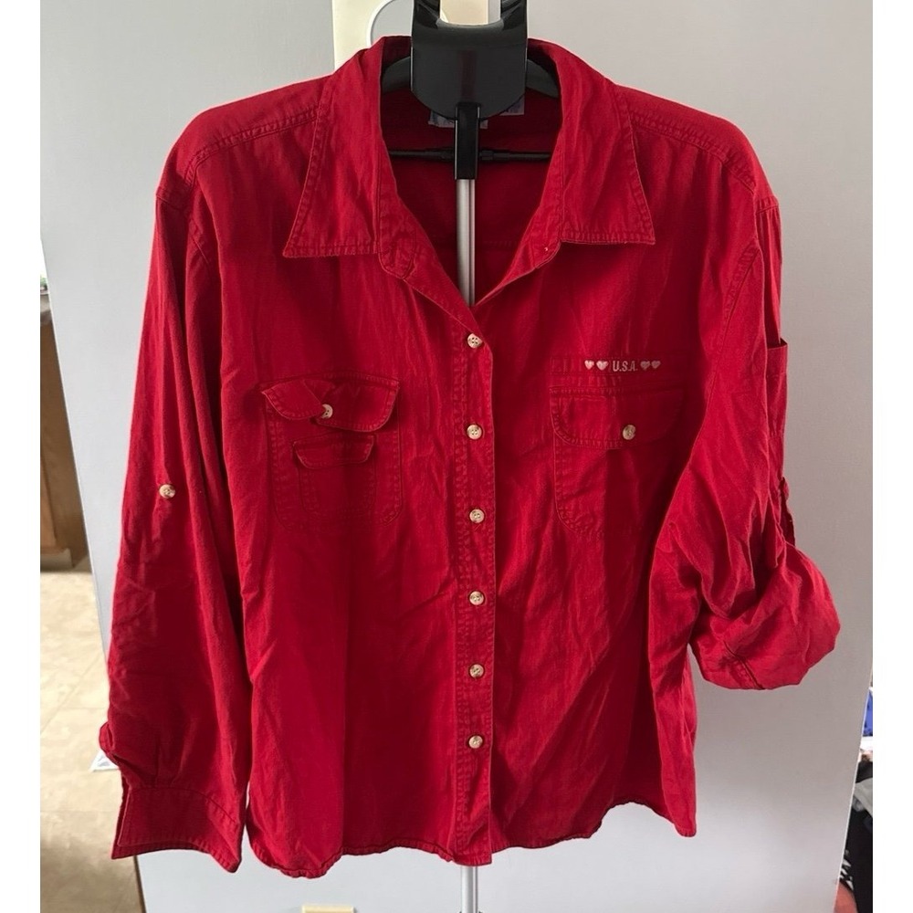 Carolina Blue Plus Women's Red "USA" Button down Blouse Size 24